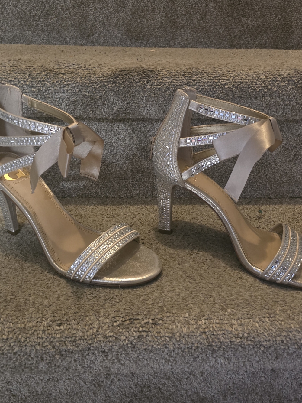 Embellished Silver Satin Ankle-Tie Heels - Women